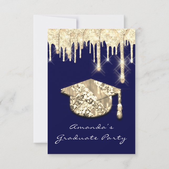 Graduate Tropfens Gold Cap 3D Glam Blue Navy Invit Einladung (Rückseite)