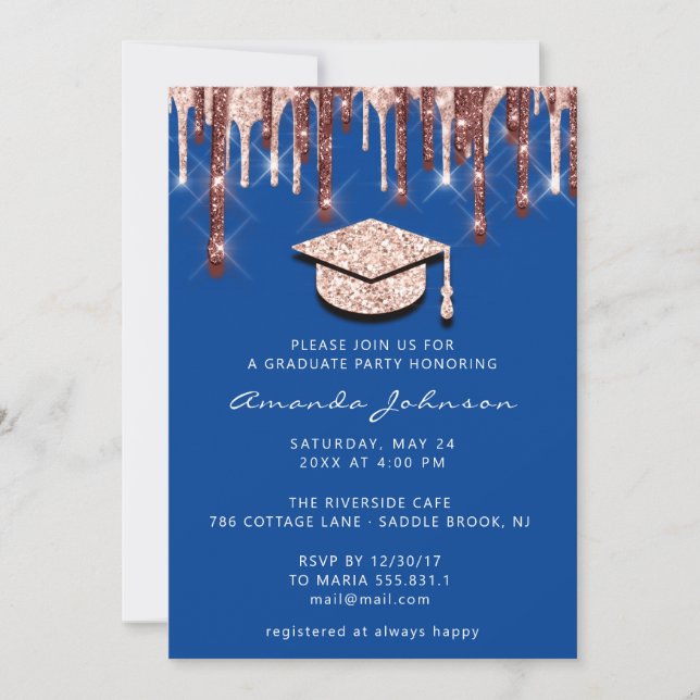 Graduate Tropfens Rose Gold Cap 3D Glam Royal Blue Einladung (Vorderseite)
