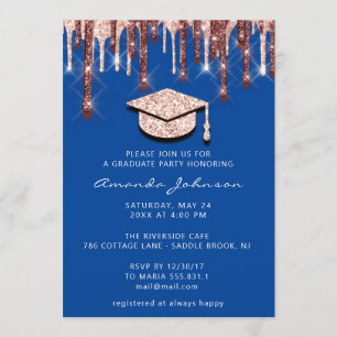 Graduate Tropfens Rose Gold Cap 3D Glam Royal Blue Einladung