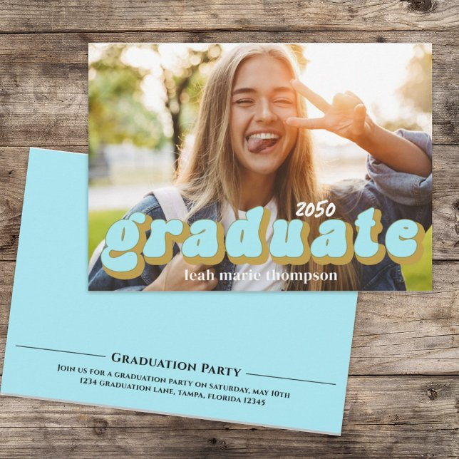 Graduate Typografy Foto Simple Blue Fun Retro Einladung (Von Creator hochgeladen)