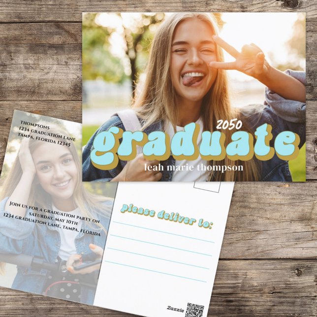 Graduate Typografy Simple Blue Retro Zwei Foto Postkarte (Graduation photo invitation template with retro style lettering.)