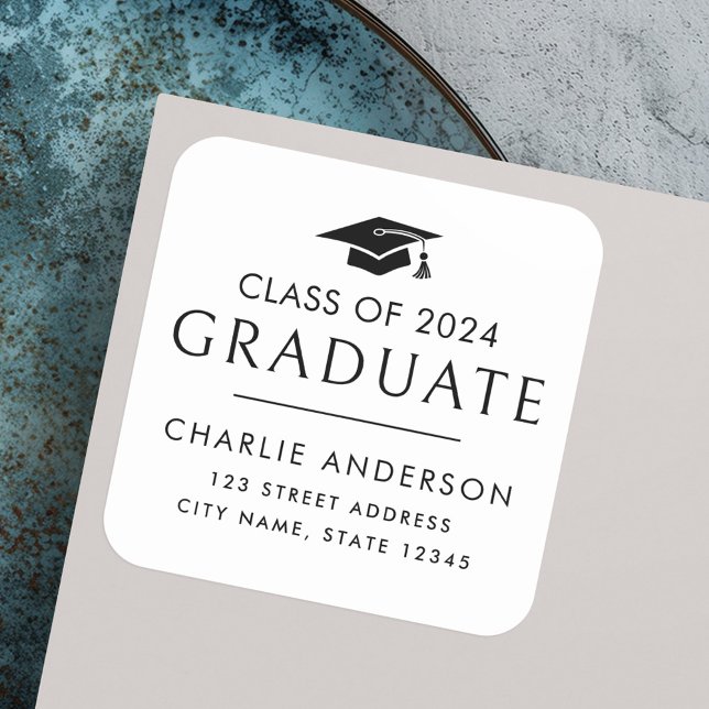 Graduate Year Graduate Cap Weiße Rücksendeadresse Quadratischer Aufkleber (Graduate year graduation cap white return address square sticker)