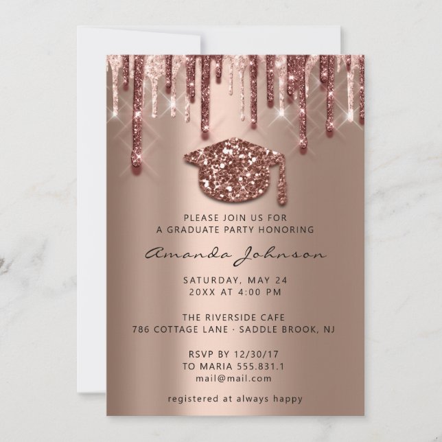 GraduateParty Tropfen Rose Gold Cap3D Effekt Einladung (Vorderseite)