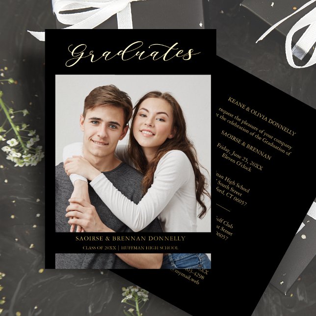 Graduates Golden Black Whimsical Calligraphy Photo Folieneinladung (Von Creator hochgeladen)