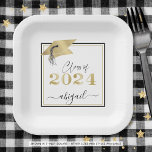 Graduation 2024 Faux Metallic Gold Cap Black Pappteller<br><div class="desc">Modern personalized CLASS OF 2024 graduation party plates with your graduate's name in a chic handwritten script with a faux metallic gold 2024 and graduation cap. ASSISTANCE: For help with design modification/personalization, color change, transferring the design to another product or would like coordinating items, contact the designer BEFORE ORDERING via...</div>