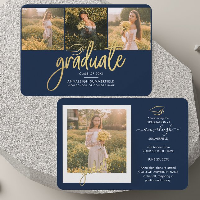 Graduation 2025 Photos Faire-part de troisième cyc (Graduation 2025 Photos Navy Blue Announcement Note Card)