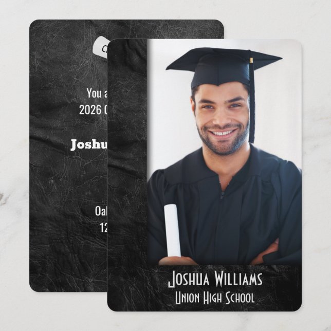 Graduation 2026 Black Leather Frame Einladung (Vorne/Hinten)