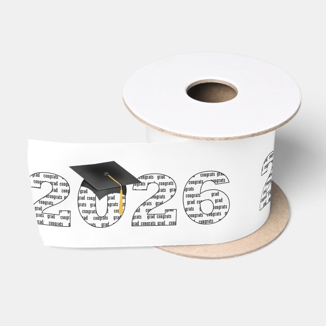 Graduation 2026 Congrats Grad Word Cloud on White Satinband (Spule)