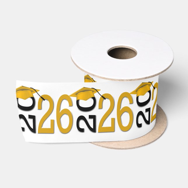 Graduation 2026 Gold Hats on Black Text Satinband (Spule)