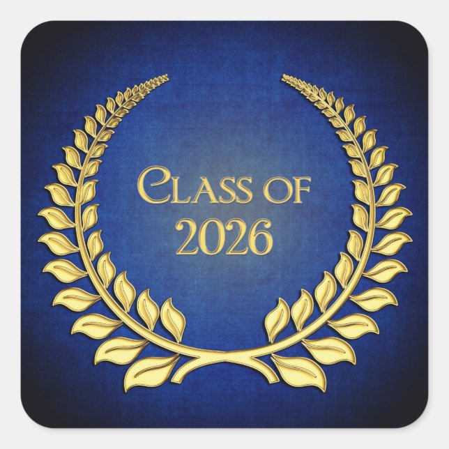 Graduation 2026 Gold Laurel Wreath On Blue  Quadratischer Aufkleber (Vorderseite)