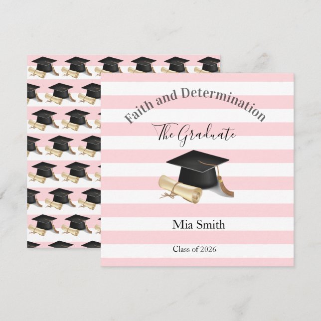 Graduation 2026 Invitation Pink Stripe Einladung (Vorne/Hinten)