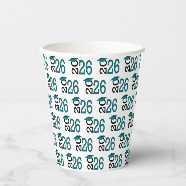 Graduation 2026 Teal and Black On White Pappbecher (Vorderseite)