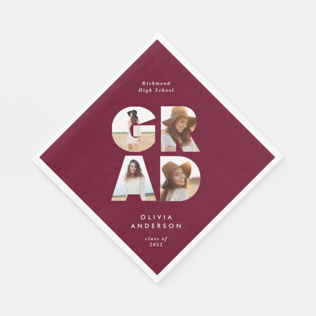 Graduation 4 photo modern personalised burgundy serviette (Ecke)