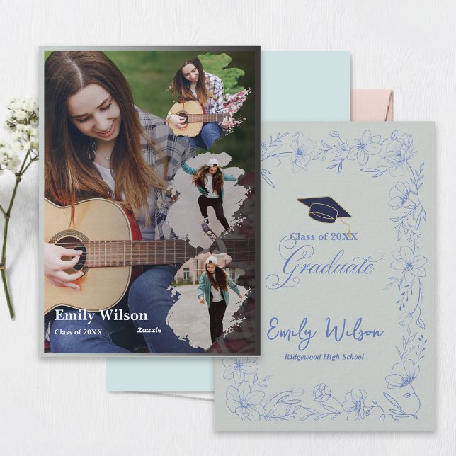 Graduation Announcement | Blue Floral Photo Design Einladung (Class of 2026 Photo Graduation Announcement | Blue Floral Design | Print or Digital )