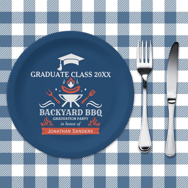 Graduation BBQ Backyard Navy Blue Pappteller (Von Creator hochgeladen)