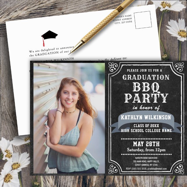 Graduation BBQ Party Chalkboard Photo Invitation (Créateur téléchargé)