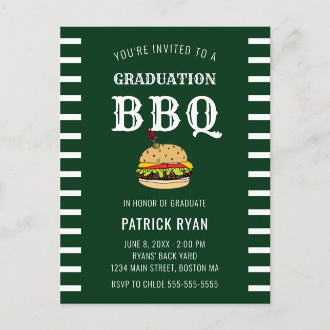 Graduation BBQ Party Green White Stripe Invitation (Devant)