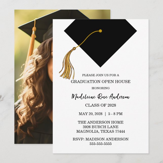 Graduation Black Cap And Tassel Photo Open House  Einladung (Vorne/Hinten)