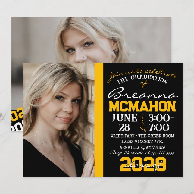 Graduation Black & Gold 2 Invitation photo (Devant / Derrière)