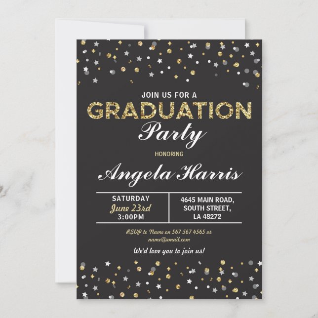 Graduation Black & Gold Invitation Stars Confetti (Devant)