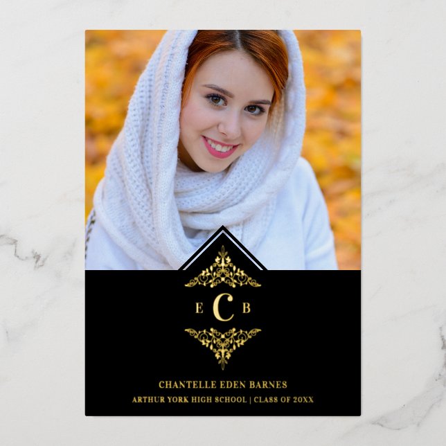 Graduation Black Real Golden Chic Lace Romantic Folieneinladung (Vorderseite)