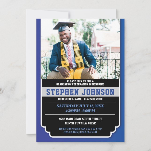 Graduation Blue Silver Party Photo Grad Invitation (Devant)