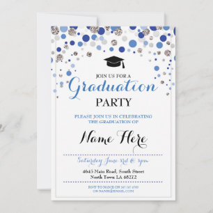 Graduation Blue Silver Party Polka Dot Invitation