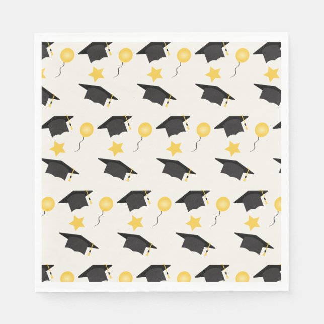 Graduation Cap Balloons Stars Muster Gelb Schwarz Serviette (Vorderseite)