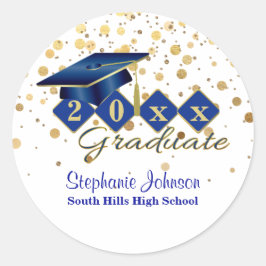 Graduation Cap Blue Gold Confetti Personalisiert Runder Aufkleber