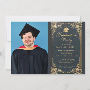 Graduation Cap Boy Foto Vintag Blue Gold Script Einladung