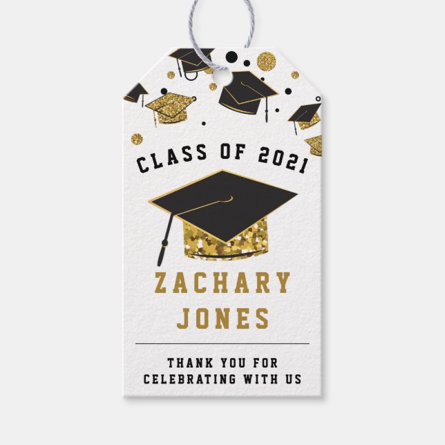 Graduation Cap Class of 2021 für Black & Gold Glit Geschenkanhänger (Vorderseite)