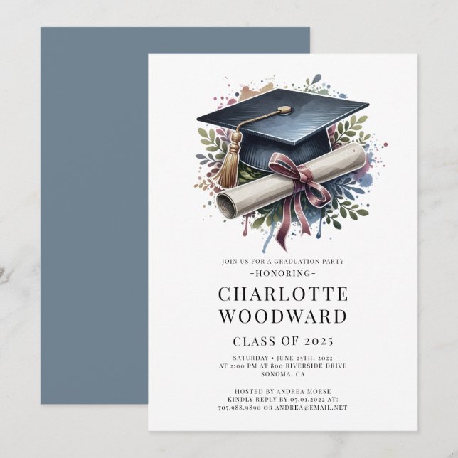 Graduation Cap & Diploma Grad Party 2025 Einladung (Vorne/Hinten)