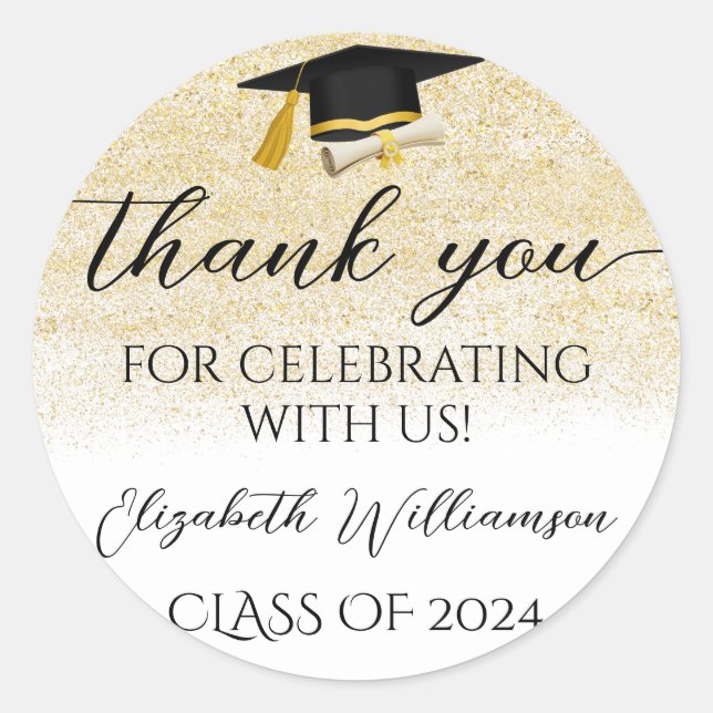 Graduation Cap Gold Glitzer Gastgeschenk Vielen Da Runder Aufkleber (Vorderseite)