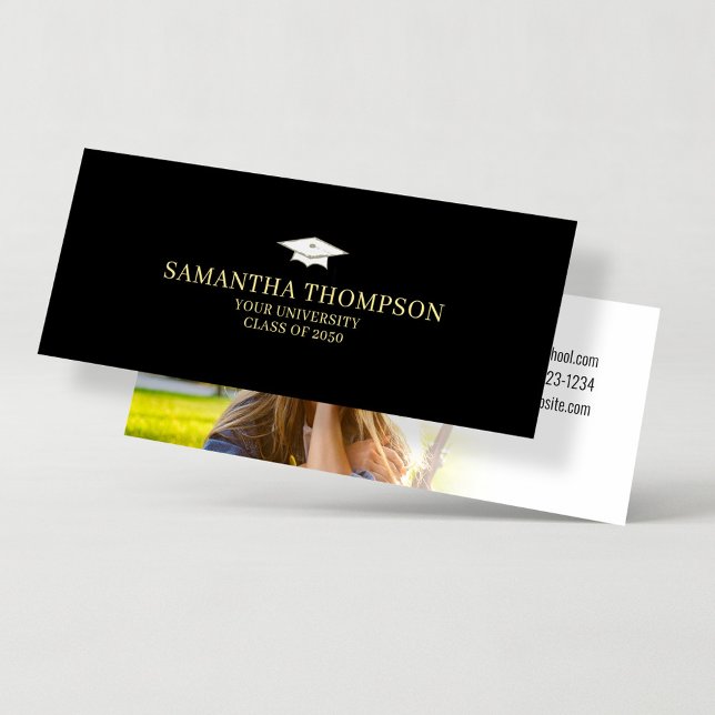 Graduation Cap Gold Student Name Card Elegant Mini Visitenkarte (Graduation simple name card with photo template in Classic black and gold. )