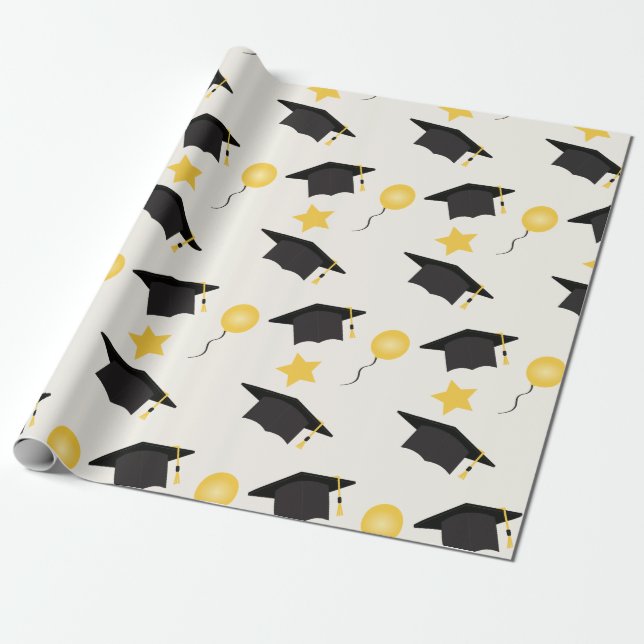 Graduation Cap Muster Balloons Stars Gelb Schwarz Geschenkpapier (Ungerollt)