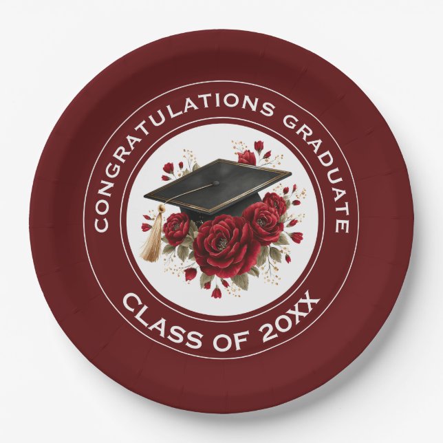 Graduation Cap & Red Roses Class of 20XX  Pappteller (Vorderseite)