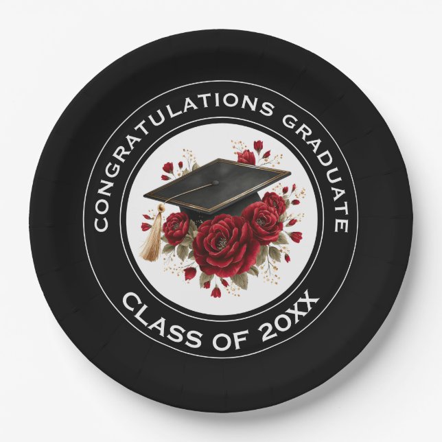Graduation Cap & Red Roses Class of 20XX  Pappteller (Vorderseite)