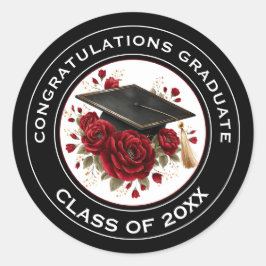 Graduation Cap & Red Roses Class of 20XX Runder Aufkleber