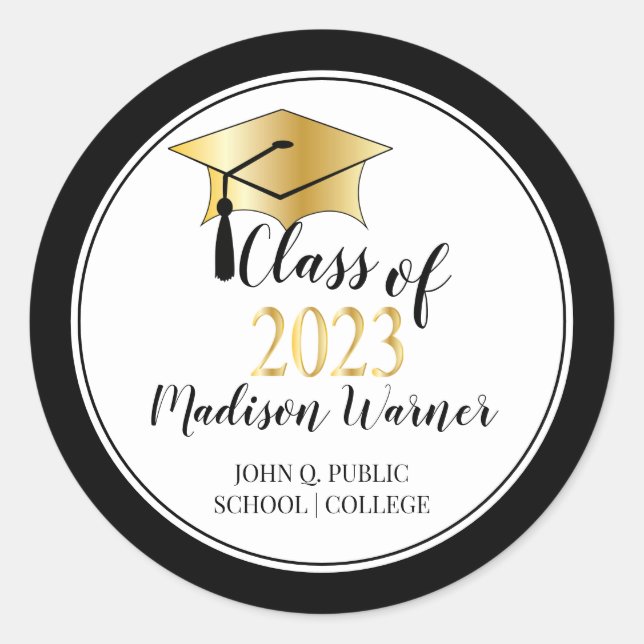 Graduation Cap-Tassel Black Gold Class 2023 Runder Aufkleber (Vorderseite)