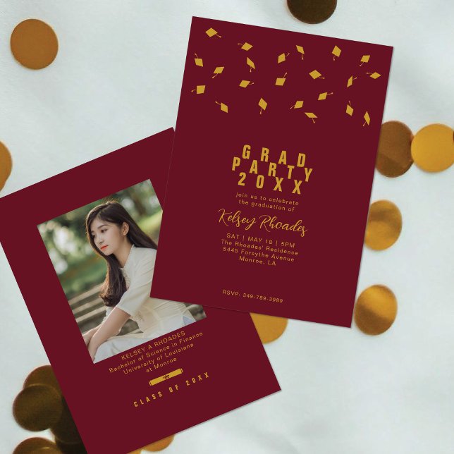 Graduation Cap Toss Maroon & Gold Grad Party Einladung (Von Creator hochgeladen)