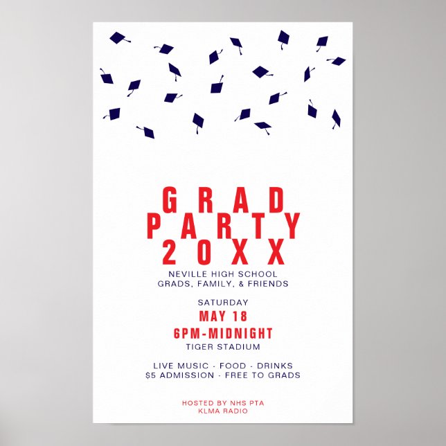 Graduation Cap Toss Red & Blue Grad Party Poster (Vorne)