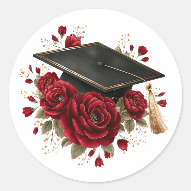 Graduation Cap with Red Roses Celebration Design Runder Aufkleber (Vorderseite)