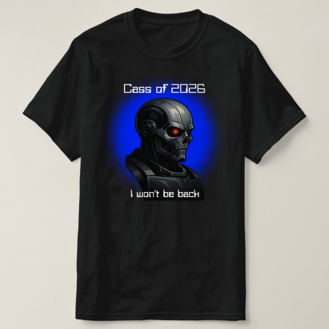 Graduation Cyber Skull Blue Glow Robot Head Design T-Shirt (Design vorne)
