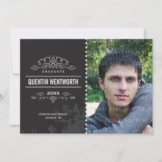 GRADUATION FAIRE-PART grunge vintage noir (Devant)