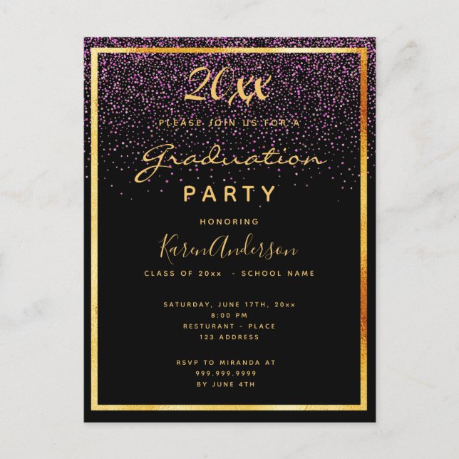 Graduation fête noire glam or invitation (Devant)