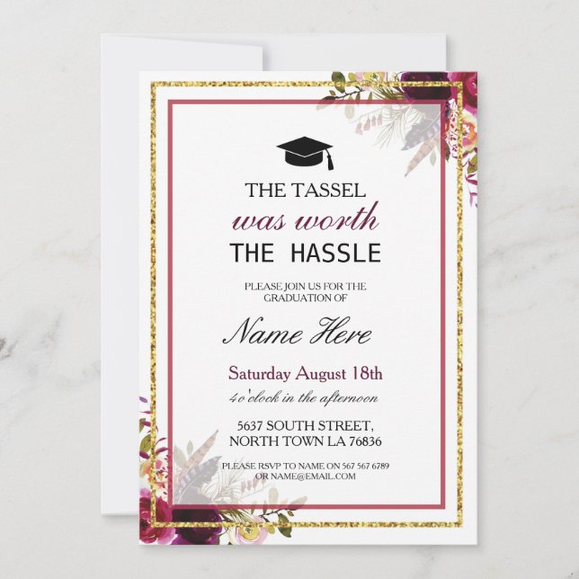 Graduation Floral Berry Rustic Gold Invitation (Devant)