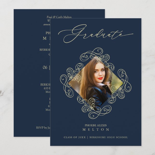 Graduation Gold Diamond Flourish Photo Invitation. Einladung (Vorne/Hinten)