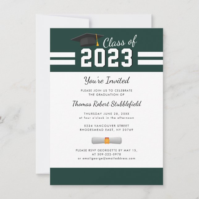  Graduation Green White College Grad 2023 Party Einladung (Vorderseite)