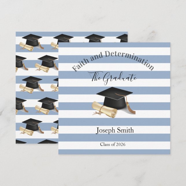 Graduation Invitation Blue Stripe  (Devant / Derrière)