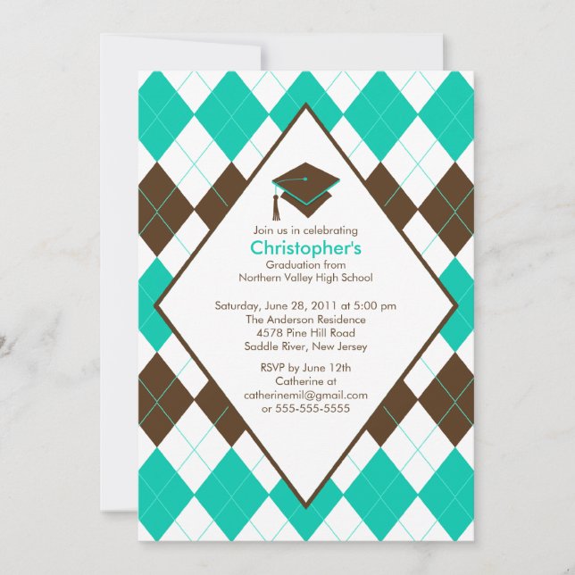 Graduation Invitation Prep Brown Turquoise Argyle Einladung (Vorderseite)